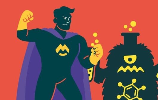 Superbohater walczący z potworem w laboratorium