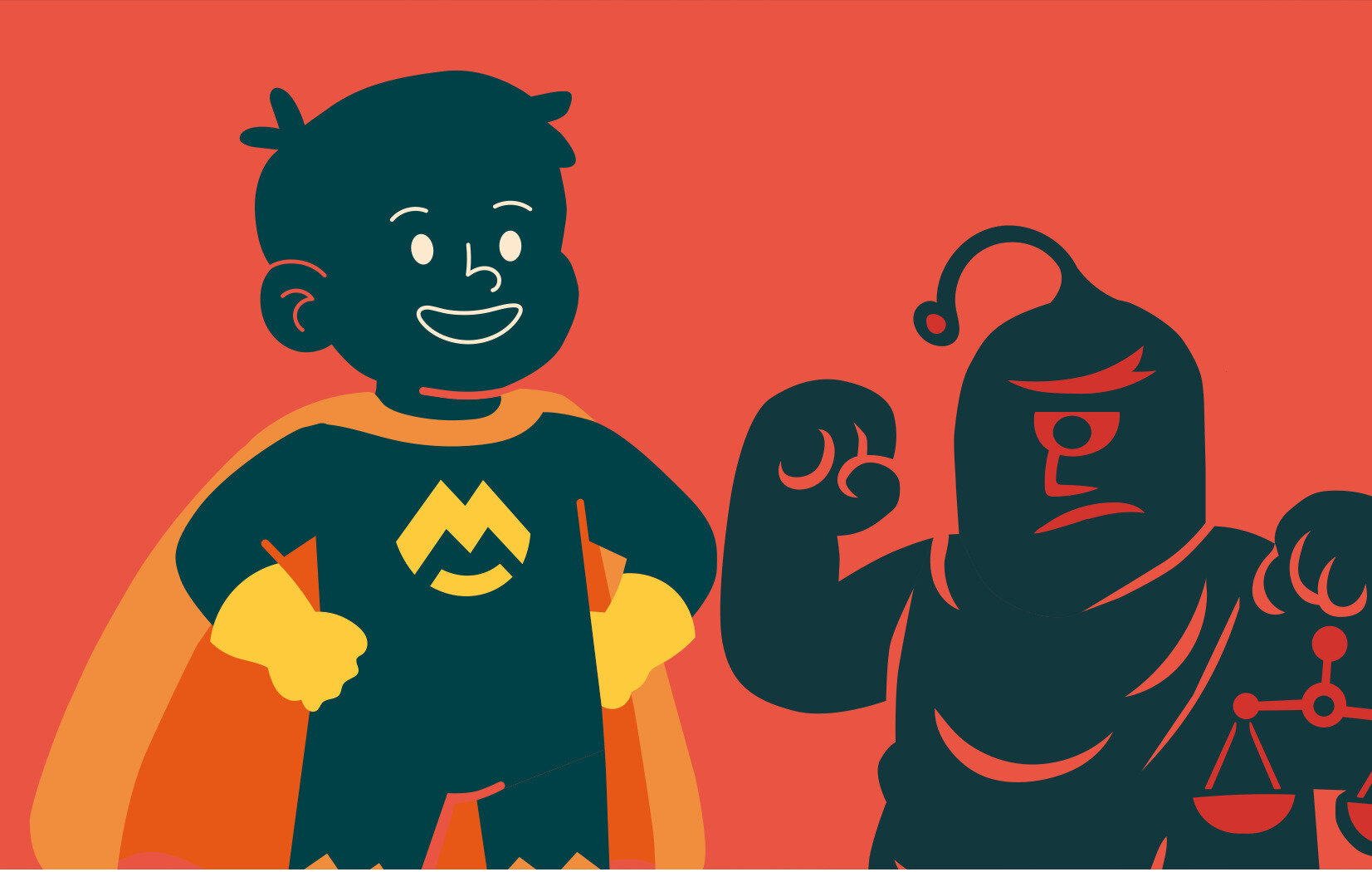 Dziecko i robot na czerwonym tle.